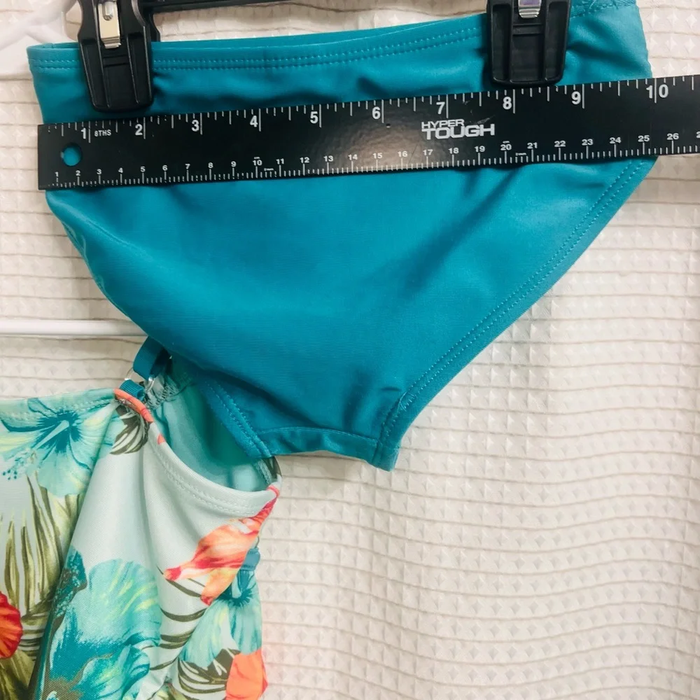 Justice Girls Teal Tropical Ruffle Tankini Swimsuit 2-Piece Small (Tag Removed)